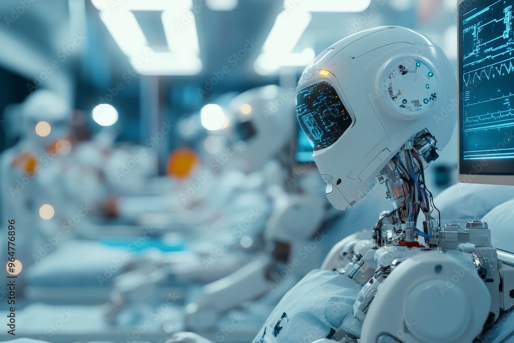Poster a highly advanced robot is featured in a futuristic lab environment, showcasing complex machinery, a