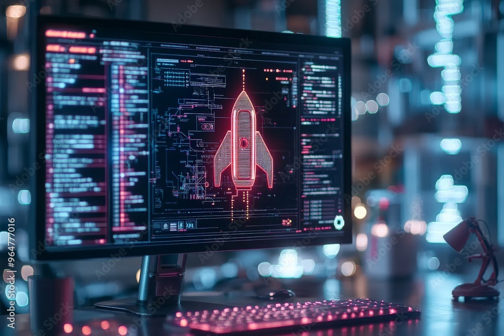 Poster an illuminated computer screen shows a detailed design program for a space rocket, emphasizing techn