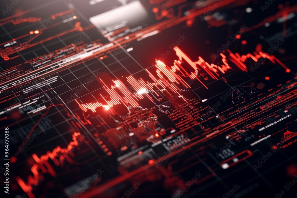 Poster this image features a red graph depicting stock market trends, analytics, and data visualizations wi