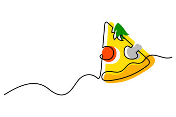 Line art of a pizza slice with pepperoni, herbs, and mushroom, featuring a minimalistic and vibrant design. Ideal for food-related concepts, modern illustrations, and creative projects.