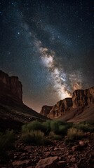 A Starry Night over Canyon Cliffs with the Milky Way Galaxy