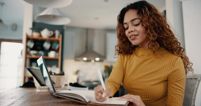 Thinking, writing and woman in home on laptop with ideas for assignment, essay and school project. University, college and person on computer with notes for online learning, education and studying