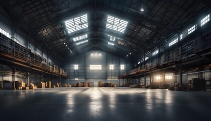 Obraz premium A vast warehouse interior featuring expansive open space, boxes, and shelves under a high ceiling with large windows letting in ample natural light, indicating storage and industrial use.
