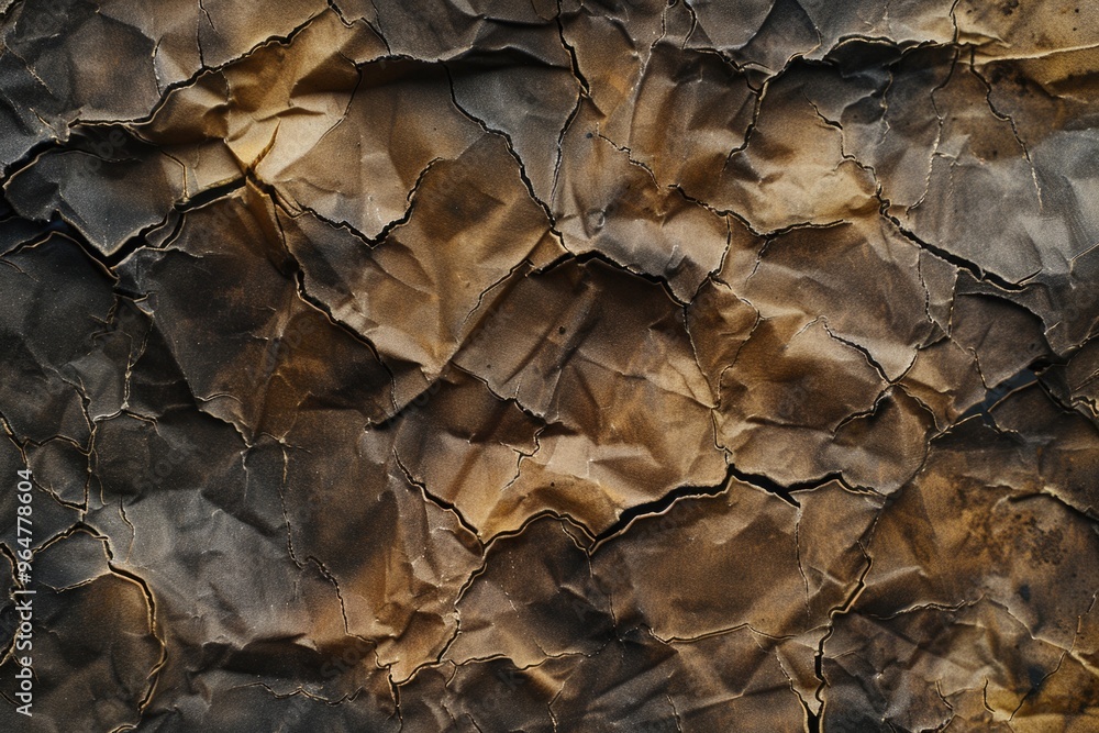 Poster a close-up shot of a torn and worn-out piece of brown paper with creases and folds