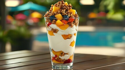   A glass of fruit and yogurt atop a wooden table beside a blue pool