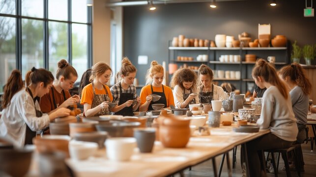 People shaping clay in ceramics workshop. Creative studio environment with artisanal pottery making.
