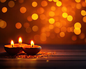 Three glowing candles create a warm ambiance with vibrant bokeh highlights, perfect for celebrations and tranquility.