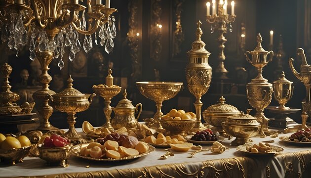An opulent banquet table set with golden dinnerware and various fruits is lavishly displayed in an elegant setting with chandeliers, epitomizing extravagance and luxury.