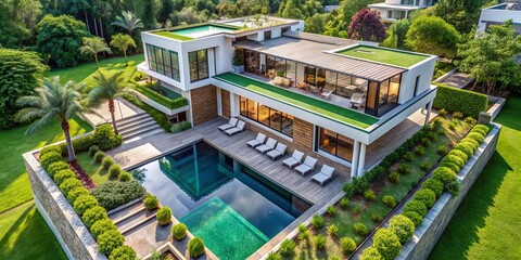 Aerial View of Modern House with Pool and Lush Greenery, Aerial View, Luxury House, Modern Architecture