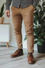 A well-dressed man wearing tan pants and brown shoes stands stylishly in a contemporary living room with houseplants.