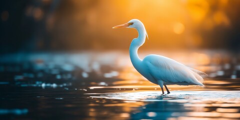 Fototapeta premium A graceful white heron wading in calm waters illuminated by the warm glow of a beautiful sunset.