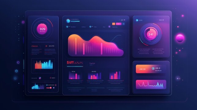 modern user interface with data analytics graphs and neon glow on dark background