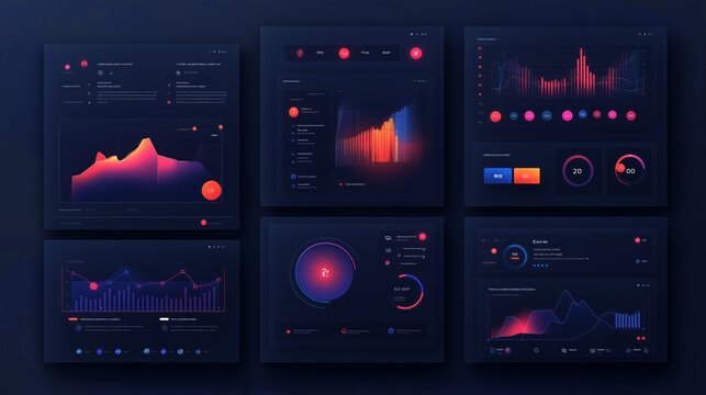 modern user interface dashboard templates examples with dark theme and neon elements. data visualization concept.