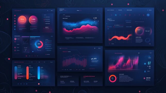 modern user interface dashboard templates examples with dark theme and neon elements. data visualization concept.