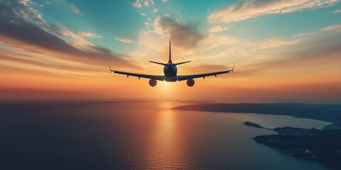 An airplane soaring above the ocean towards a vibrant sunset, showcasing a dramatic and awe-inspiring scene of travel.