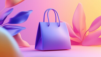 Stylish purple shopping bag with abstract pink foliage on vibrant background.