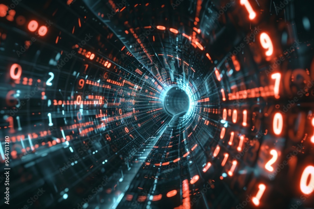 Poster digital data stream of numbers and letters in the dark tunnel with glow, futuristic background for t