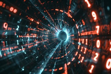 Digital data stream of numbers and letters in the dark tunnel with glow, futuristic background for technology concept