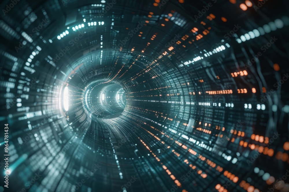 Poster digital data stream of numbers and letters in the dark tunnel with glow, futuristic background for t