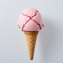 Pink soft serve ice cream in a cone on white background..