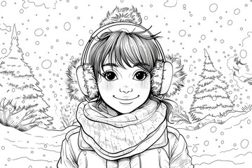 Coloring book illustration of a cheerful teenage girl wearing a winter outfit and fur earmuffs in a snowy background