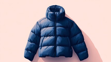 Blue puffer jacket on pastel background, stylish winter fashion concept