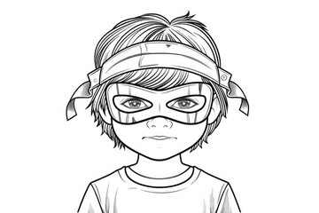 Coloring book illustration of a cute child in disguise with a DIY cardboard superhero mask The boy showcases a creative costume for festive occasions or children s theater Playful spirit theme for