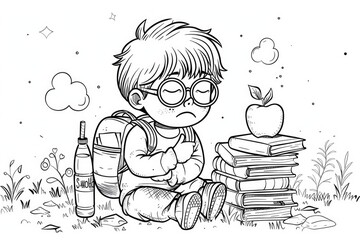 Coloring book illustration of a confused little preschool boy with books an apple and a drink bottle on his first day of school Sad child with glasses outdoors embracing the education concept