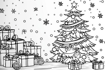Coloring book illustration of a festive holiday scene featuring a decorated Christmas tree sparkling lights and gift boxes with blank space for customization