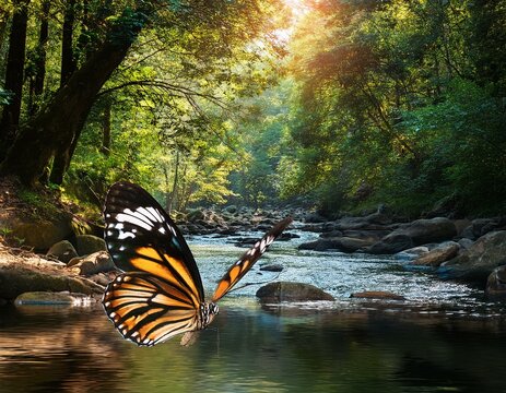 Little creek flowing under trees with large monarch butterfly in the foreground.