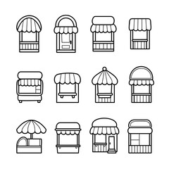 Set of market stall and shopfront illustration, black and white minimalistic line art, simple shapes and design elements.
