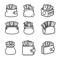 Wallets and money bags with cash line art collection, financial concept, cute outline shapes and style of wallets and purses.