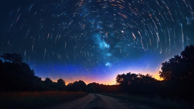 Starr trails in the sky above a dirt road