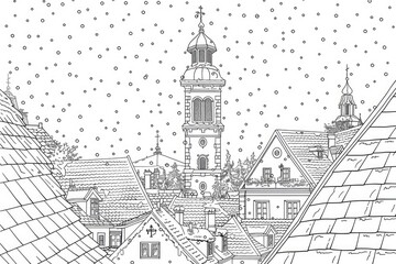 Fototapeta premium Coloring book illustration of a church tower above old town rooftops after a winter snowfall