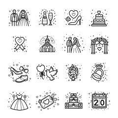 Wedding doodle icons collection , hand drawn line art style, perfect for celebration of love and valentine day, flat illustration design.