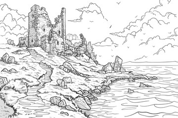 Coloring book illustration of a castle ruins on an island along a scenic coastal path