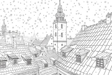 Coloring book illustration of a church tower above old town rooftops after a winter snowfall