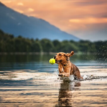 Dog playing with ball in the water with forest and mountains in the background.