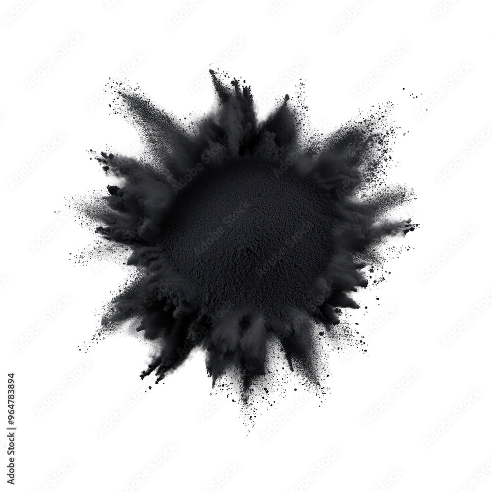 Poster black powder explosion creating a dramatic effect on a dark background. ideal for artistic and abstr