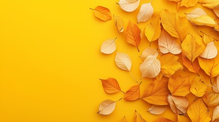 Obraz premium autumn leaves on vibrant yellow background, seasonal fall concept with bright colors and copy space.