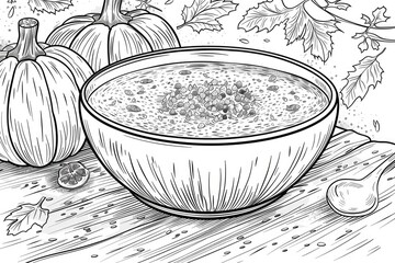 Coloring book illustration of a bowl filled with delicious pumpkin soup placed on a rustic table