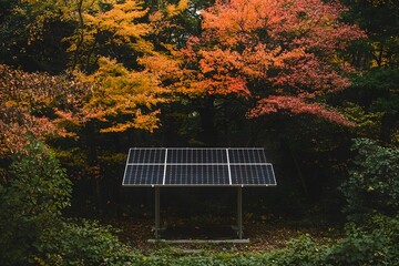 Naklejka premium Solar Panel in an Autumnal Forest Setting