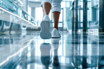 A woman is walking in a hallway with her feet in the air. Concept of freedom and movement