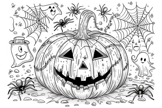 Coloring book illustration of a decorated pumpkin surrounded by spider webs spiders and playful ghosts with space for personalization