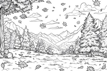 Obraz premium Coloring book illustration of a beautiful sunny autumn day in the mountains with trees and falling leaves