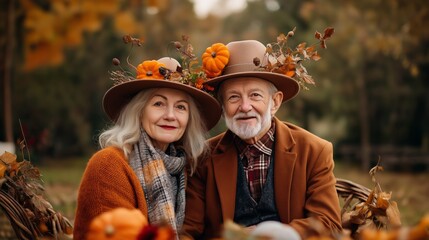 senior couple in festive halloween costumes enjoying autumn outdoors