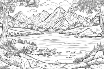 Coloring book illustration of a fantastic autumn landscape with a tranquil lake and majestic mountain peaks