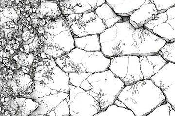 Obraz premium Coloring book illustration of a cracked sidewalk with wild plants growing through the gaps