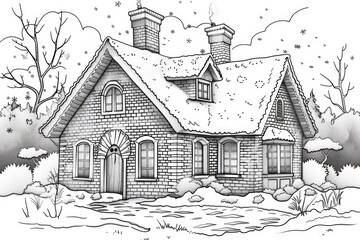 Coloring book illustration of a cozy brick house with snow on the roof during winter