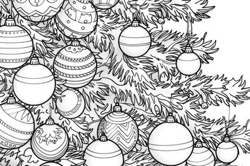 Coloring book illustration of a festive background featuring shiny ornaments of various sizes on a decorated Christmas tree